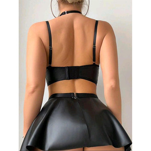 Lencería Fetiche Sexy para Mujer, Conjunto de 2 Piezas con Top Halter de Rejilla y Cuero, Falda y Lazos para Piernas, Vestido Erótico - Product Image 4