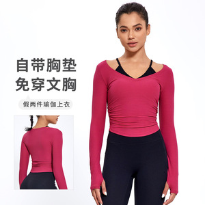 Women's Yoga <b>Top</b> Long Sleeve Ribbed Criss <b>Cross</b> Neck With Breast Pads Fitness Wear Body Shaping - Product Image 1