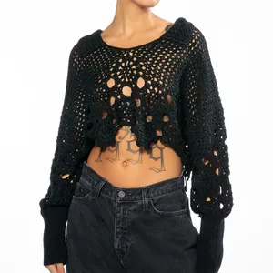 Vrouwen Zwarte Handgemaakte Designer Kleding Opengewerkte Tuin Van Eden Kraag Gehaakte Crop Top Custom Fabriek