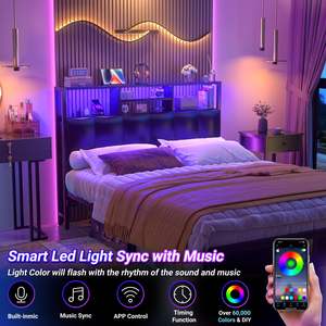 Tête de <span class=keywords><strong>lit</strong></span> pour <span class=keywords><strong>lit</strong></span> double avec rangement, rembourrée, avec prises USB et éclairage LED, réglable en hauteur, noire - Product Image 4