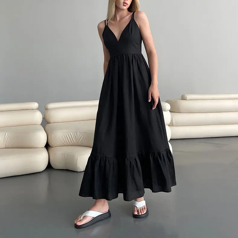 Fashion Slub Cotton Sleeveless Suspender Ruffles V Neck Open Back Long A Line Black Maxi Dress