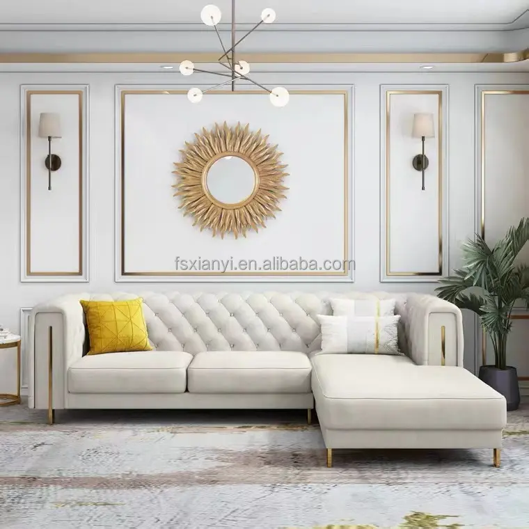 Modern Velvet Fabric Tufted Section white Sofa Set Furniture Chesterfield Corner L Shaped Living Room Sofas