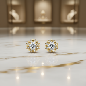 Orecchini a lobo di lusso in oro con diamanti, oro massiccio 18K, taglio brillante rotondo, design floreale, montatura a griffe, classici da donna per tutti i giorni - Product Image 2