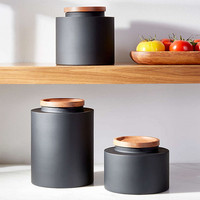 Toples Penyimpanan Makanan, Wadah Teh Kopi Warna Hitam Kustom, Matte Keramik Gula dengan Tutup Bambu