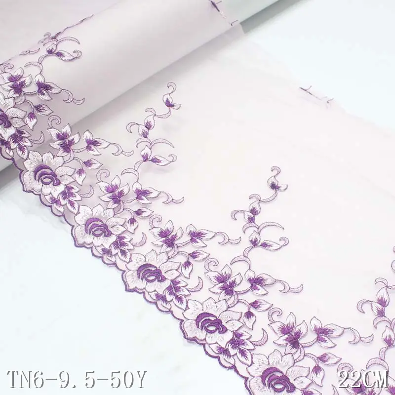 Elegent Dress Lace 22CM 3D Pink Tulle Embroidered Border Lace Purple Flower Voile Polyester Embroidery Fabric Lace