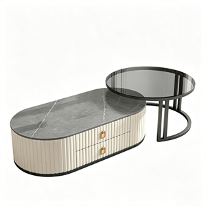 <span class=keywords><strong>Tavolino</strong></span> da Caffè in Pietra Sinterizzata Italiana di Lusso, Mobile TV Moderno Minimalista in Vetro Rotondo, Set per Soggiorno - Product Image 6