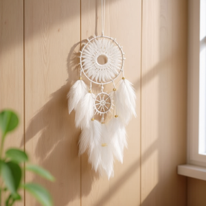 Atrapasueños de 13x45cm con Forma de Sol y Plumas Blancas, Decoración para Colgar en la Pared - Product Image 3