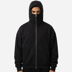Nouveau Hoodie Balaclava Personnalisé à Fermeture Éclair Intégrale 100% Coton, Style Street Oversize avec Épaules Tombantes - Product Image 1