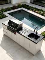 Cuisine extérieure double fonction avec barbecue à gaz 5 brûleurs, plaque de cuisson 2 brûleurs et évier, en acier inoxydable noir mat, allumage électronique, haute performance