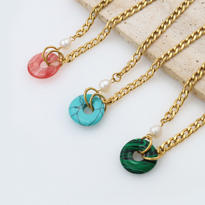Stainless Steel Pearl Cuban Chain Natural Stone Pendant Necklace Women's Jewelry Round Turquoise Green Pink Gift Fashion - Product Image 2