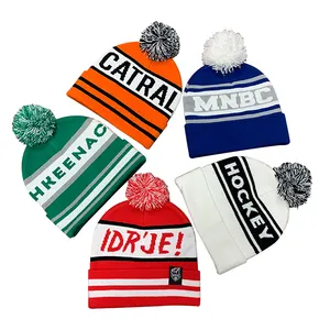 Produsen logo bordir topi beanie pom akrilik uniseks topi beanie bobble musim dingin rajut dengan logo kustom