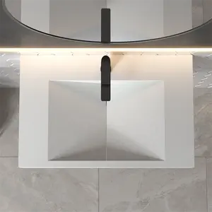 호텔을위한 현대 아크릴 캐스트 스톤 이중 화장대 싱크 단단한 표면 교수형 분지 마운트 설치 인기있는 욕실 싱크대