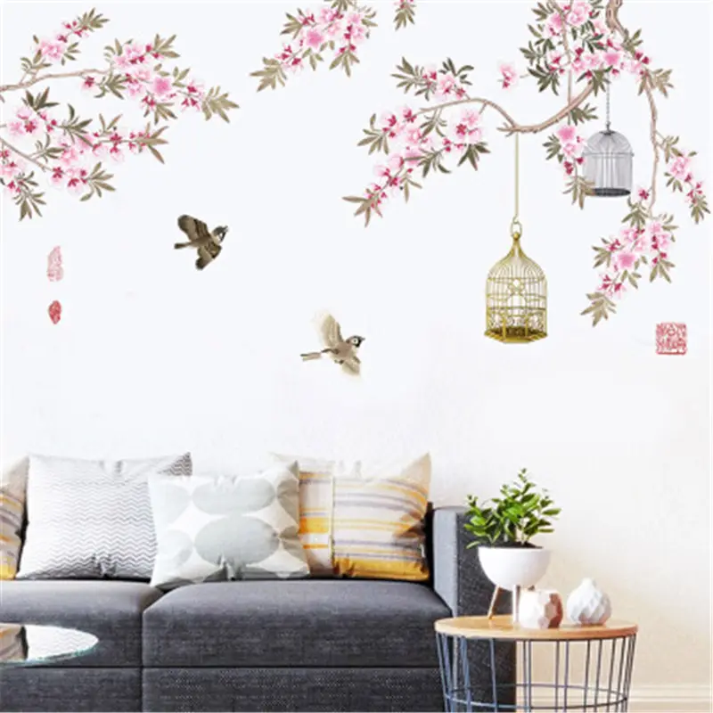 Pink Flowers With Bird And Birdcage Wall Stickers Chinese Style Home Decor Wallpaper For Living Room TV Background Wall Mural