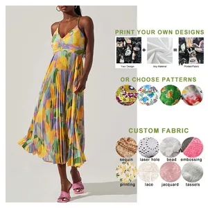 Colorful Printed Women Maxi Floral Tie Dye Digital Printing Pleated Summer Shirt Dress Custom Baggy Casual Dress Womens Clothing
