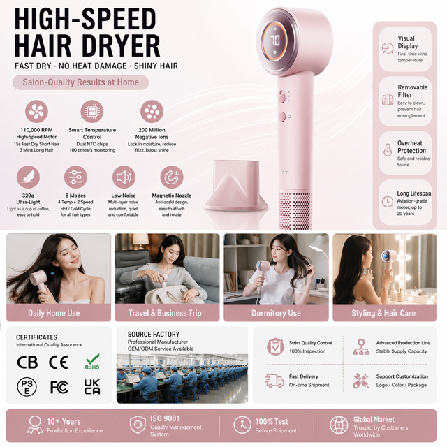Professional 1400W BLDC Hair Dryer 110000 RPM High-Speed Low Noise Negative Ions Household Mute Ionic Electric Hair Blower