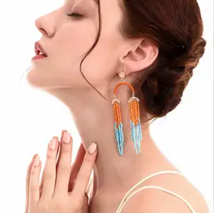 批发 2020 女性波西米亚种子珠耳环手工复古长串珠吊流苏耳环为妇女