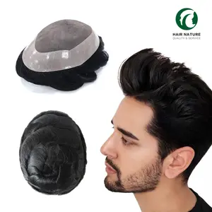 High Quality Men Toupee Fine Mono 100% Indian Human Hair Replacement System Glue Wigs for Men Toupee