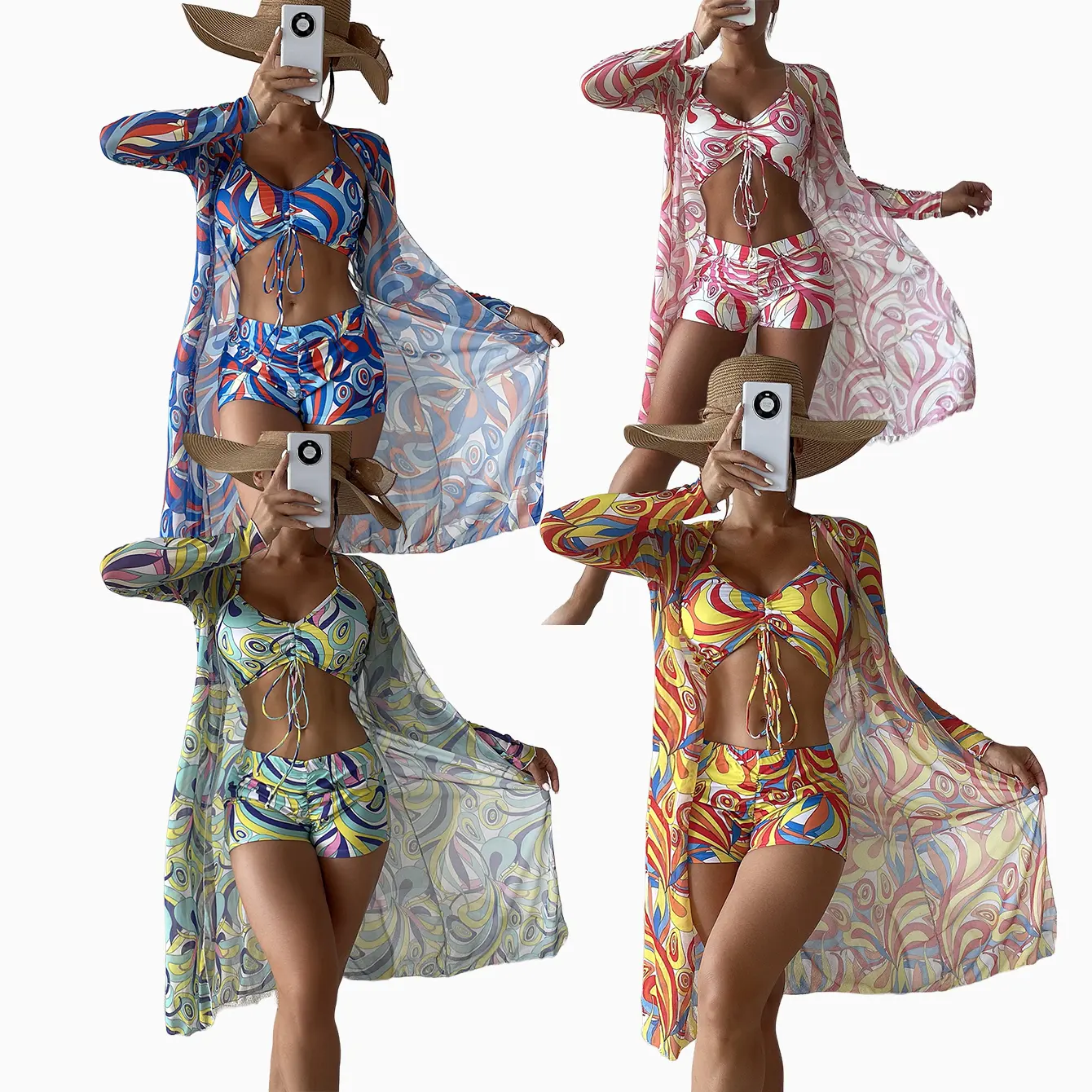 Set di tre pezzi Bikini giovane e vibrante da donna, costume da bagno con pantaloncini, costumi da bagno da spiaggia con scialle lungo trasparente