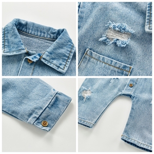 Venta directa de fábrica nueva ropa de primavera otoño niños pequeños monos de mezclilla de moda niños niñas mamelucos de manga larga con agujeros - Product Image 2