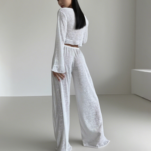 HUOYOUNG Pijama Personalizado Viscosa Modal PJ Conjuntos Transparencia 2 Piezas Cárdigan Top y Pantalones de Pierna Ancha Pijama de Dormir Conjunto de Mujeres - Product Image 3