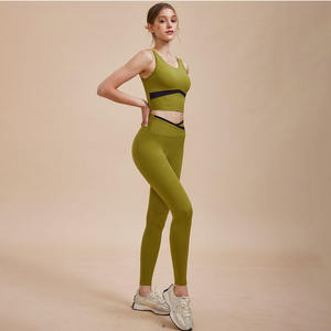 Women's Full Cover Padded <strong>Longline</strong> Yoga <strong>Tops</strong> and No T Line Cross Waist Gym <strong>Leggings</strong> 2PCS Color Contrast Active <strong>Wear</strong> 2025 - Product Image 2