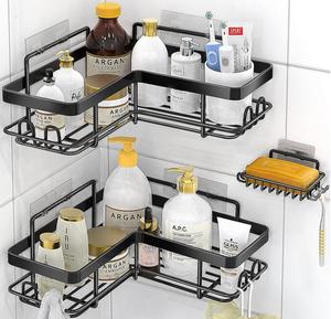 Lot de 3 étagères de rangement de douche d'angle noires, organisation de la douche avec porte-savon, étagères de douche adhésives pour salle de bain