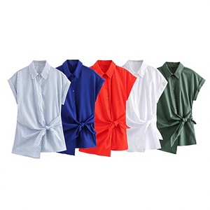 Camisa de Popelina de Manga Corta para Mujer con Lazo Cruzado en la Parte Delantera, Cuello con Botones, Estilo Casual, Primavera Verano, Rayas y Colores Sólidos - Product Image 2