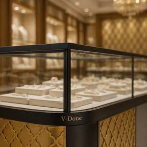 Design d'intérieur de bijouterie de luxe européenne, comptoir d'îlot à bijoux en verre courbé sur mesure, vitrine murale en bois massif - Product Image 6