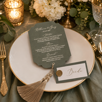 Invitation de mariage et carte de menu personnalisées en velours gaufré, style européen, faites à la main, vert sauge, découpe UV, détail pompon