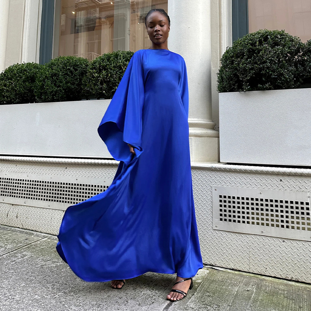 ladies long dress High Quality Plus Size Cloak Sleeve Elegant Satin Club Party Maxi Long Dress flowing movement and a style suited to weddings Flay gown styles long |