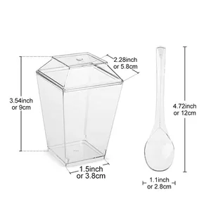 Low Price Hot Sale 5.5oz 160ml Plastic Clear Square Ice Cream Dessert Cups with Lids and Spoons