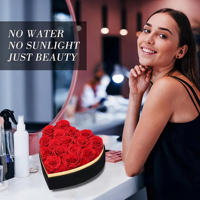 Lot de 16 roses éternelles en boîte cœur avec collier, roses rouges pour la fête des Mères, anniversaire, Noël, Saint-Valentin