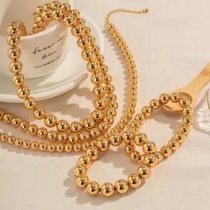 Hot Selling Luxury Stainless Steel 18K Real Gold Plated 8mm 10mm 12mm Beads Bracelet Necklace Jewelry Set For Women
