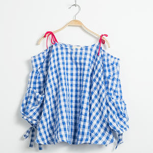 Chemisier à carreaux pour filles, col profond, épaules dénudées, style mode, fabriqué en Chine - Product Image 4