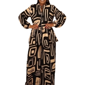 Elegant Commuting Stand Collar Printed Drawstring Waist Long-sleeve Women's Two-piece <b>Pants</b> Set Fashion - Product Image 2