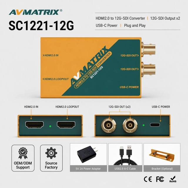AVMATRIX SC1221-12G HDMI 2.0 to 12G-SDI Broadcast Converter 4K60 HDMI Loop-out Dual SDI Out for Professional Live Stream