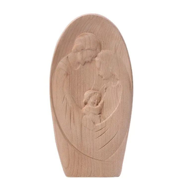 Großhandel individuelles Logo Holzhandwerk wahre Religionen drei Figuren der Heiligen Familie Gottes geschnitzt in Holz