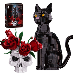 Gothic Skull <strong>Cat</strong> Building Blocks Black <strong>Cat</strong> with Red Rose Skull DIY Model Set Halloween Home Decor Unique Gift for Adults Teens - Product Image 1