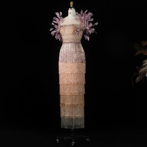 <span class=keywords><strong>Abito</strong></span> da sera Sharon Said SS379 di lusso con piume e nappe, lilla, stile Dubai, lunghezza alla caviglia, <span class=keywords><strong>midi</strong></span>, formale, per matrimoni - Product Image 4