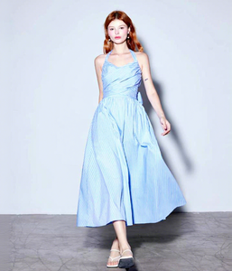 OEM Woven Cotton <strong>Blue</strong> <strong>White</strong> <strong>Striped</strong> Summer V-neck High Waist Large Swing Style Tie-Up Women's Sexy Strap <strong>Dress</strong> - Product Image 1