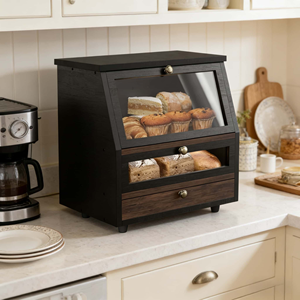 Boîte à pain en bois, support de rangement pour comptoir de cuisine, extra-large, noir, grande capacité, finition lisse, style américain, pour aliments - Product Image 6