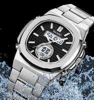 Modische Dual-Zeit Herrenuhr Legierung Edelstahlband 3BAR Wasserdicht Chronograph Alarm Armbanduhr mit Datum- und Wochenanzeige