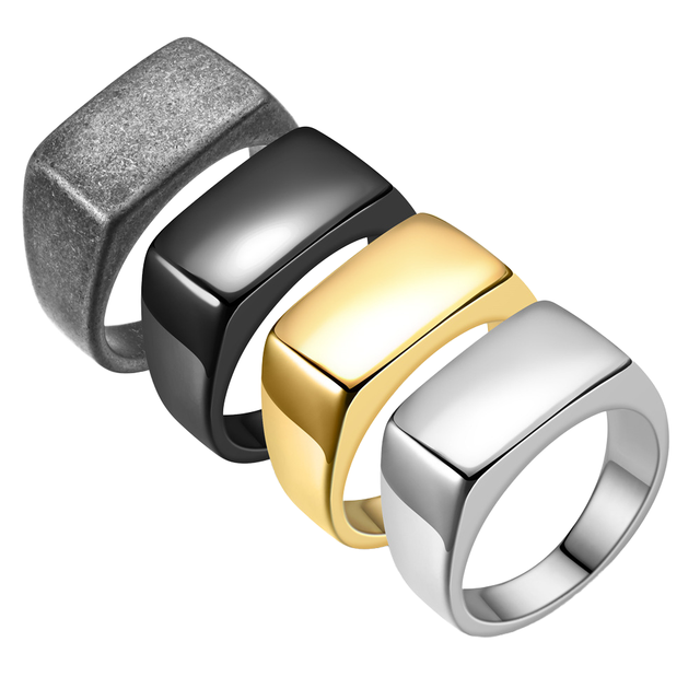 Wholesale Stainless Steel 18K Gold PVD Plated Trendy Non Tarnish Signet Ring Custom Logo Engraved Biker Ring for Men