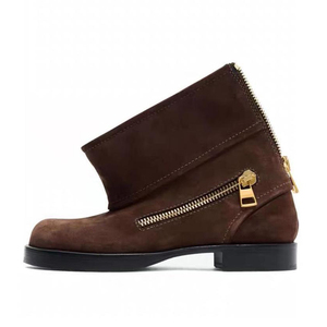 Bottines basses à talons carrés pour femmes, à cheville décontractée, avec fermeture éclair arrière, en daim, bout rond, plates, courtes - Product Image 1