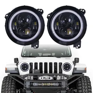 Farol led de 9 polegadas, 100w, redondo, projetor, com halo âmbar, para jeep wrangler jl 2018 +, lâmpada de cabeça