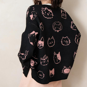 <span class=keywords><strong>Cardigan</strong></span> <span class=keywords><strong>Oversize</strong></span> <span class=keywords><strong>Nero</strong></span> con Stampa di Gatti per Donna - Top Casual Carino per Uso Quotidiano - Product Image 1