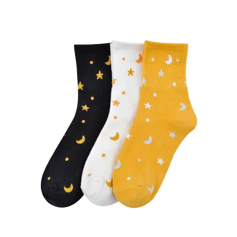 Chaussettes côtelées en coton pour jeunes garçons et femmes, chaussons tv, en soie dorée, pour Skateboard, Sport, lune et étoile, nouvelle collection