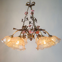 Lustre en verre antique doré Meerosee, hauteur réglable, blanc chaud, motif rose et campanule, pour salle à manger MD98101