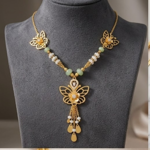 925 Silver Italian Mala Necklace Set with Beads Gold Butterfly Floral Pendant Jewelry Earrings for Women Wedding <b>Gift</b> Fashion - Product Image 3