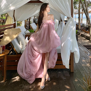 Vestido Maxi Halter de Satén Sexy Francés, Estilo Irregular sin Espalda, Sensación de Pura Seducción, para Vacaciones en la Playa o <span class=keywords><strong>Resort</strong></span> - Product Image 1